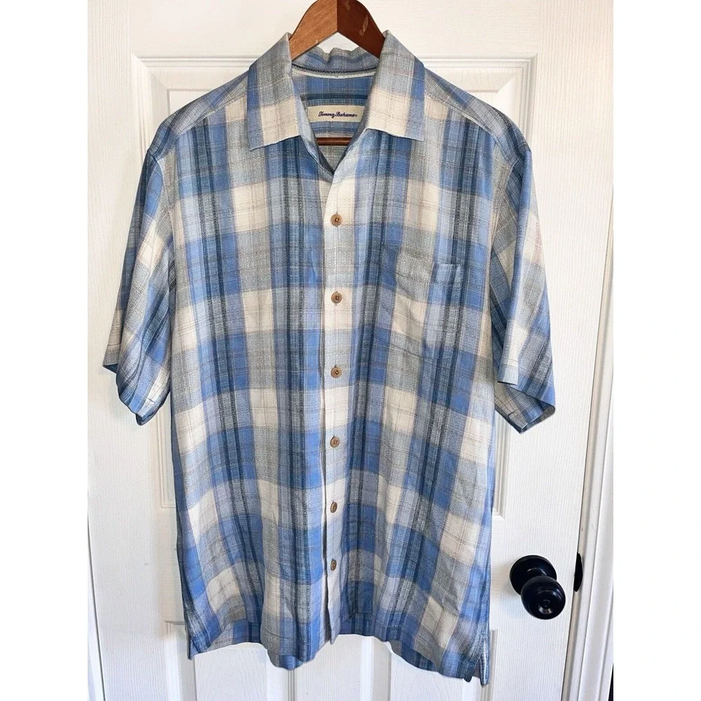 Tommy Bahama Mens M Short Sleeve Button Up Blue Plaid Silk Shirt‎